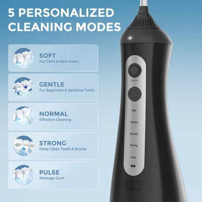 Cordless Water Flosser Dental Oral Irrigator - 5 Cleaning Modes, 5 Jet Tips, Rechargeable Wireless Teeth Cleaner for Deep Gum Care, Plaque Removal & Braces, Home & Travel Dental Gift