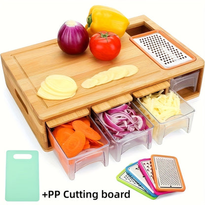 Bamboo Cutting Board with Trays & Drawers – Large Butcher Block Chopping Board with Food Sliding Opening, Stackable Airtight Storage Trays & Bamboo Lids – Kitchen Carving Board Gift for Home Cooks