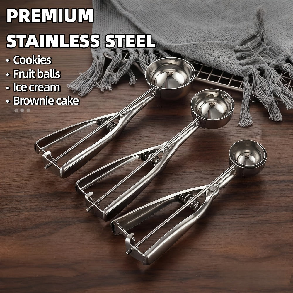 Ice Cream Scoop Set 3pcs Stainless Steel Cookie Scoop Trigger Release Fruit Scoop Watermelon Baller Dough Scoop for DIY Desserts Baking Ice Cream Shops