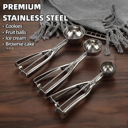Ice Cream Scoop Set 3pcs Stainless Steel Cookie Scoop Trigger Release Fruit Scoop Watermelon Baller Dough Scoop for DIY Desserts Baking Ice Cream Shops