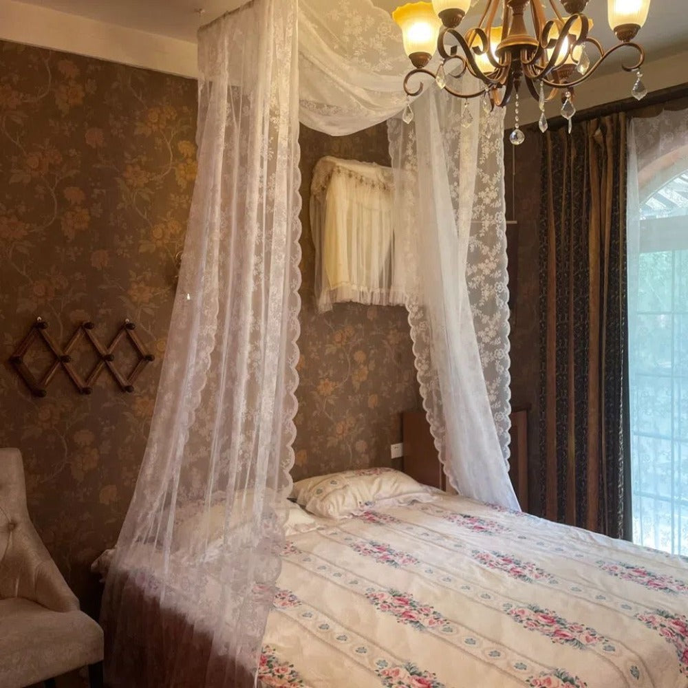 Lace Bed Canopy Mosquito Net – Bohemian Romantic Sheer Bed Curtain for Bedroom, Hotel & Morocco Style Decor | Elegant White Princess Bed Drape for Twin, Full, Queen & King | 57x236 Inch
