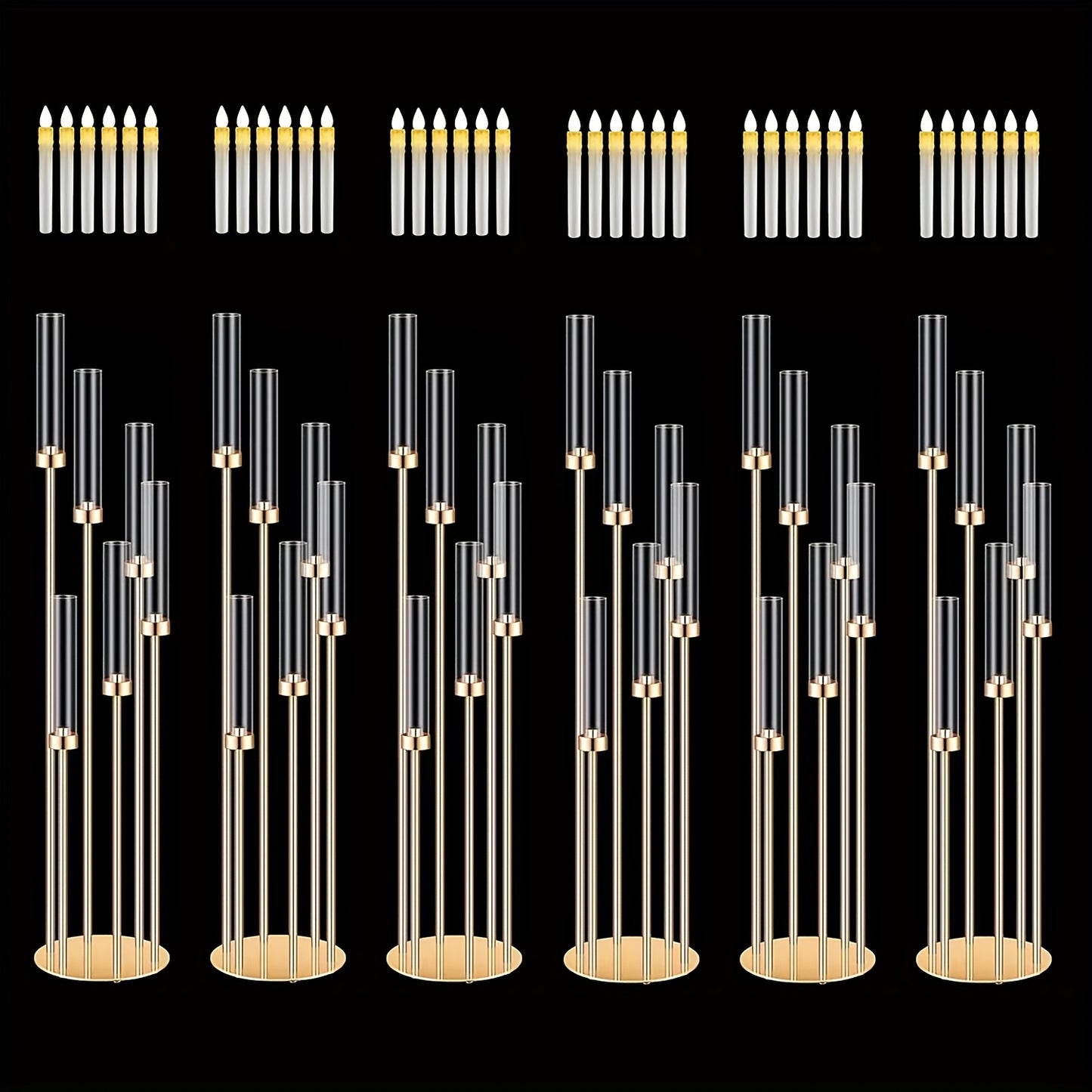 Floor Candelabra 6-Arm 46 Inch Gold Metal Candlestick Set with 12pcs LED Candles & Acrylic Shades, Tall Wedding Centerpiece Candle Holder for Valentine's Day Anniversary Party Home Decor