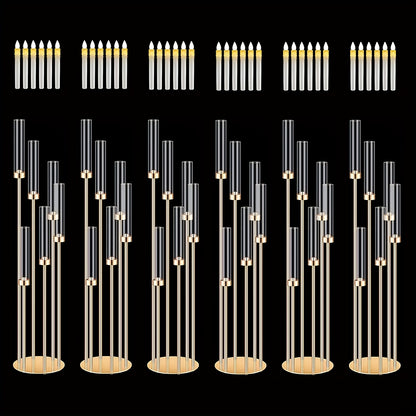 Floor Candelabra 6-Arm 46 Inch Gold Metal Candlestick Set with 12pcs LED Candles & Acrylic Shades, Tall Wedding Centerpiece Candle Holder for Valentine's Day Anniversary Party Home Decor