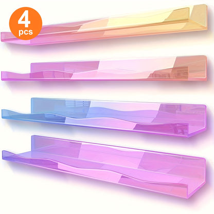 Iridescent Acrylic Floating Shelves Wall Mounted – Colorful Rainbow Storage Rack for Nail Polish, Cosmetics & Sundries, Art Deco Style Bathroom & Bedroom Shelf, 2 or 4 Pack (Pink / Macaron / Clear)