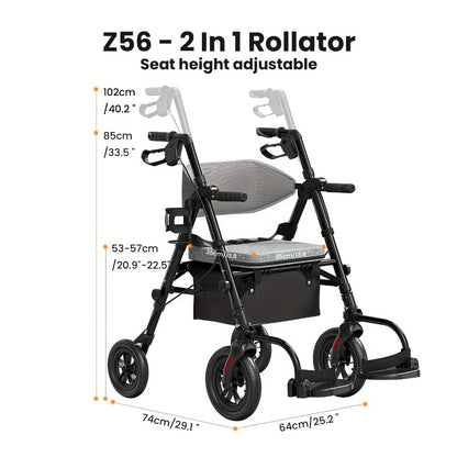 Rollator Walker for Seniors Foldable with 8-Inch Big Wheels, Durable Aluminum All-Terrain Rolling Walker with Ergonomic Backrest & Dual Adjustable Height, Upright Walker Option Available for Elderly