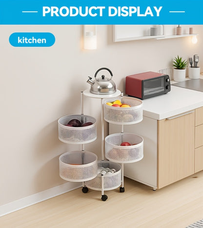 Rotating Storage Rack Multi-Tier Rolling Cart – 360° Swivel Round Floor Standing Organizer with 4 or 5 Layers, Vegetable Basket & File Rack for Kitchen, Bathroom, Office & Living Room (Black / White)