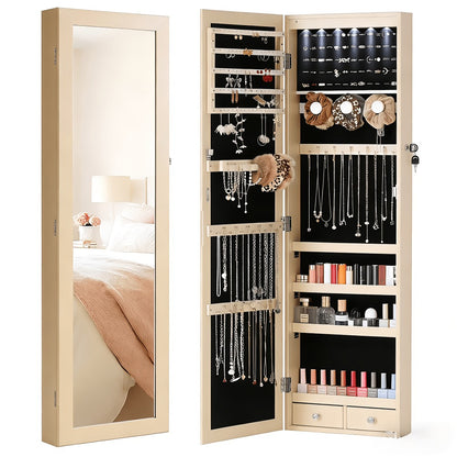 Jewelry Armoire Floor Standing 47.2" Full-Length Mirror Cabinet with 6 LED Lights Dual Lock, Jewelry Organizer for Necklaces Earrings Rings Bracelets, Bedroom Closet Storage 4 Colors