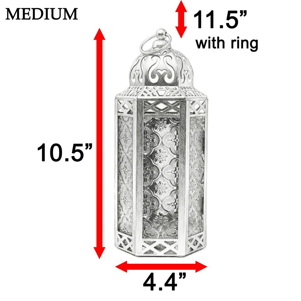 Moroccan Candle Lantern Holder - Decorative Metal & Glass Lantern with Embossed Floral Design for Indoor Home Decor, Garden, Patio, Weddings, Ramadan, Halloween & Holiday Celebrations - 10.5" Tall Medium Size