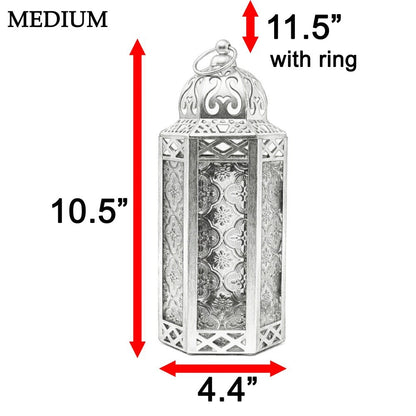 Moroccan Candle Lantern Holder - Decorative Metal & Glass Lantern with Embossed Floral Design for Indoor Home Decor, Garden, Patio, Weddings, Ramadan, Halloween & Holiday Celebrations - 10.5" Tall Medium Size