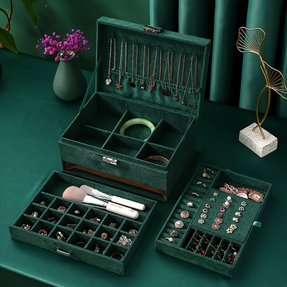 Velvet Jewelry Organizer Box with Lock & Drawers – Large Capacity Storage Case for Rings, Necklaces, Earrings & Bracelets, Travel Jewelry Box