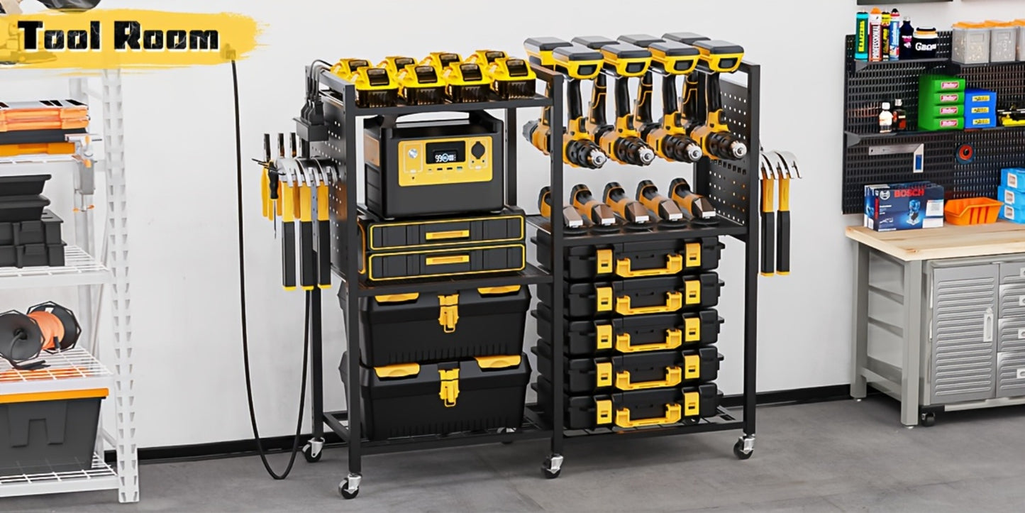 Mobile Tool Cart with Charging Station – 12 Drill Holders & 5 Storage Shelves Power Tool Organizer | Rolling Utility Rack Toolbox with Battery Charging Power Strip for Garage & Workshop | 4 Colors
