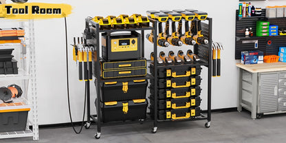 Mobile Tool Cart with Charging Station – 12 Drill Holders & 5 Storage Shelves Power Tool Organizer | Rolling Utility Rack Toolbox with Battery Charging Power Strip for Garage & Workshop | 4 Colors