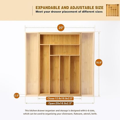 Bamboo Drawer Organizer Expandable Adjustable 9-Compartment Silverware Tray Cutlery Utensil Holder for Kitchen Drawer Office Desk Bedroom Eco-Friendly Bamboo Storage Divider Organizer