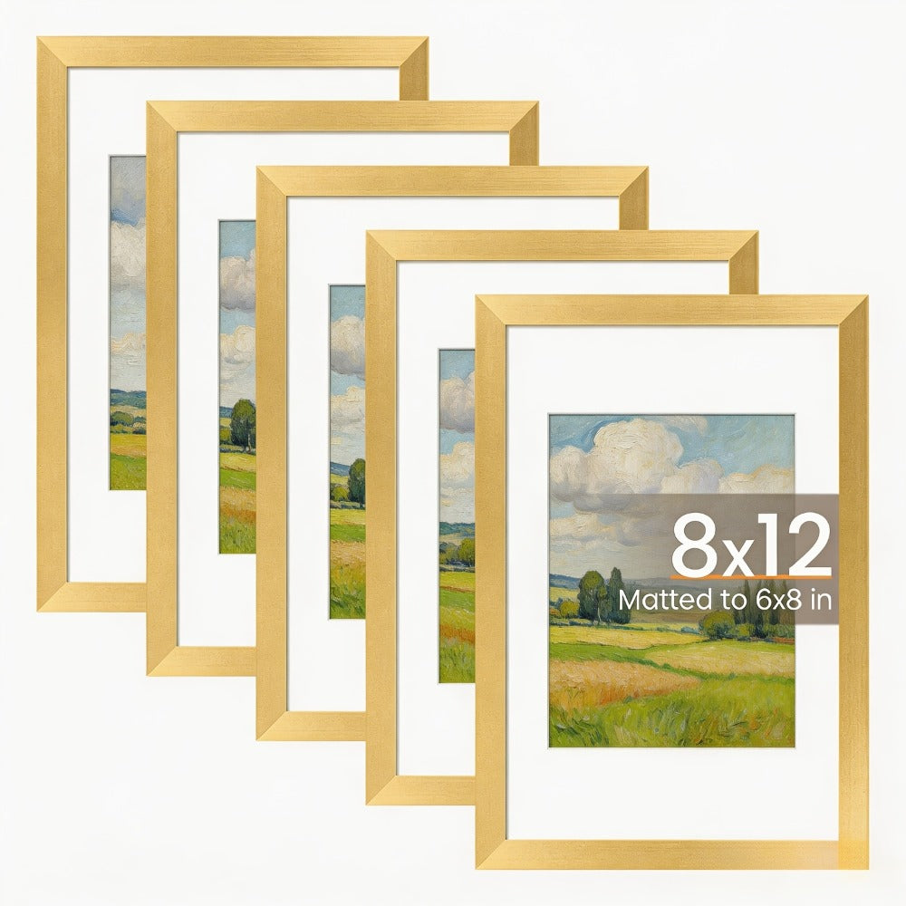 Picture Frame Set of 5 – 12x16 Inch Gallery Wall Photo Frames, Display 8.5x11 with Mat or 12x16 Without Mat | HD Cover, Horizontal & Vertical Hanging | Golden Wall Collage Frame Set for Home & Office