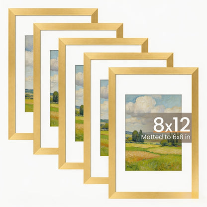 Picture Frame Set of 5 – 12x16 Inch Gallery Wall Photo Frames, Display 8.5x11 with Mat or 12x16 Without Mat | HD Cover, Horizontal & Vertical Hanging | Golden Wall Collage Frame Set for Home & Office