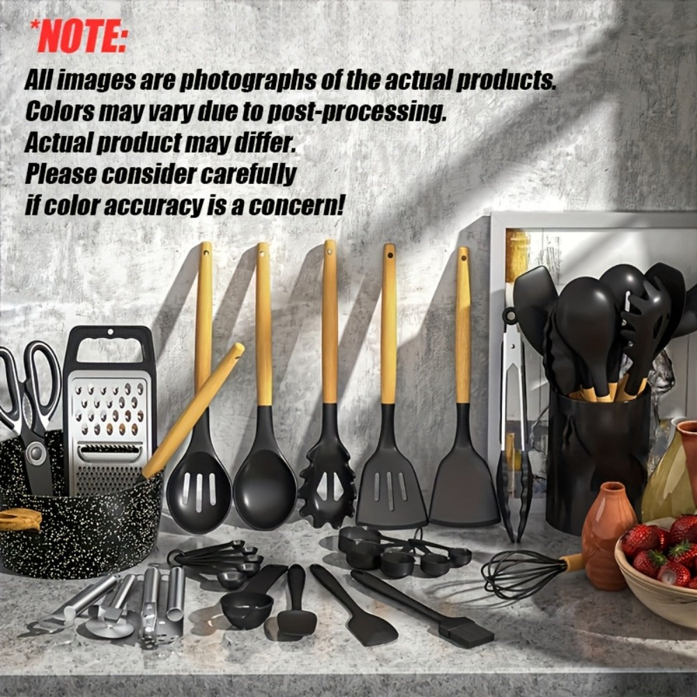 Silicone Cooking Utensils Set 35-Piece with Holder Rack Wooden Handle Heat Resistant Kitchen Tools for Non-Stick Pans – Complete Kitchen Utensil Set in Multiple Colors
