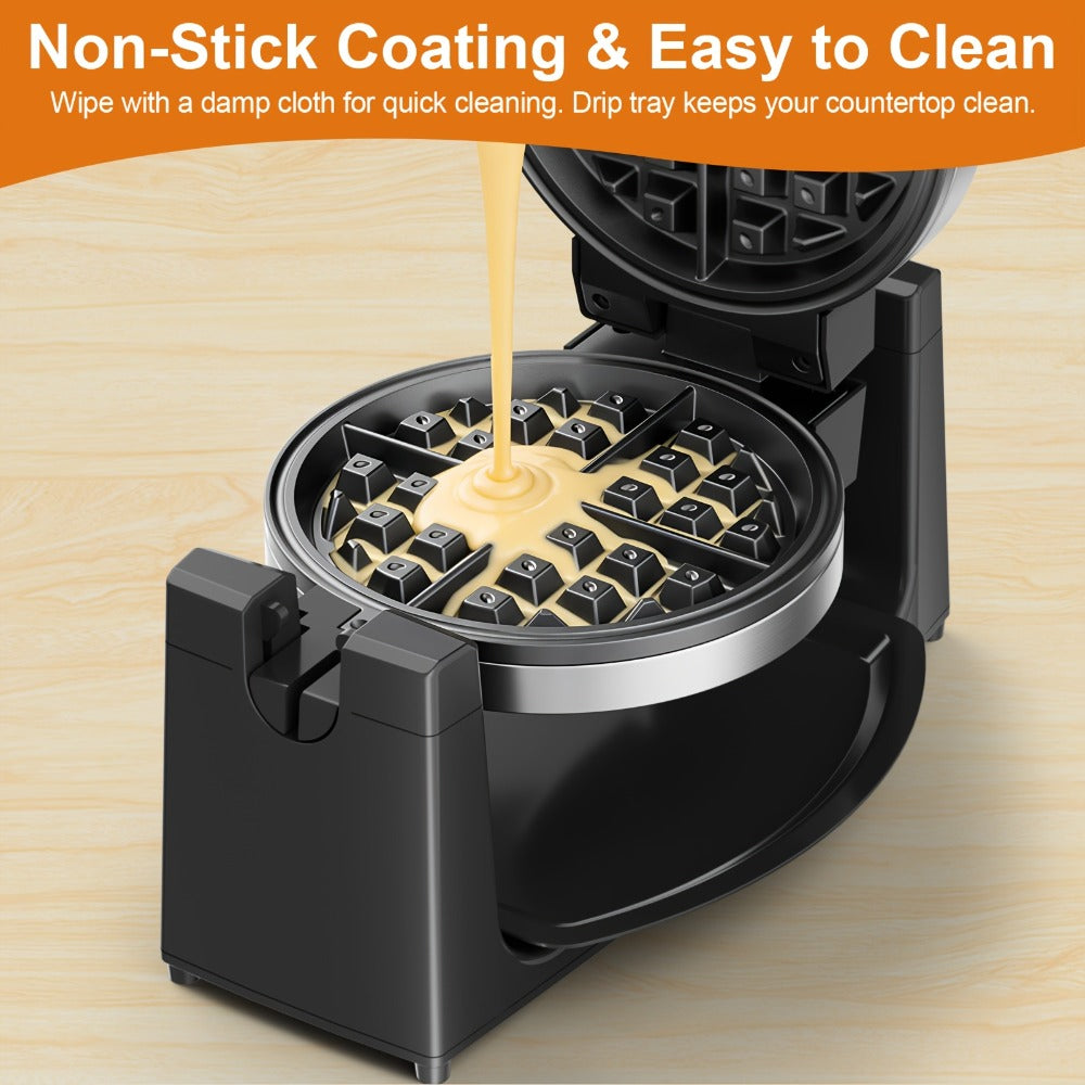 Rotating Belgian Waffle Maker 180° Flip Waffle Iron - Non-Stick Plates, Adjustable Browning Control, Foldable Cool-Touch Handle, Removable Drip Tray, Space-Saving Stainless Steel Design for Home Brunch