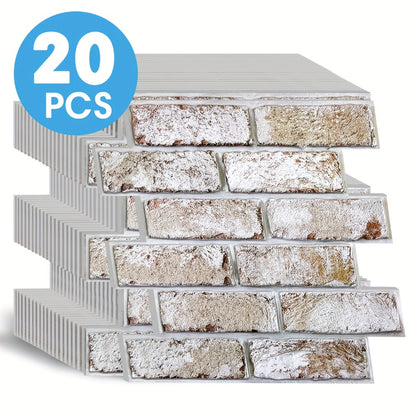 Peel and Stick Brick Wall Panels 3D Faux Brick Tiles 20 Sheets - Self-Adhesive PVC Realistic Texture, No Grout Needed, Waterproof & Heat Resistant for Kitchen Backsplash Fireplace Living Room Bedroom