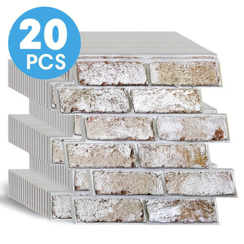 Peel and Stick Brick Wall Panels 3D Faux Brick Tiles 20 Sheets - Self-Adhesive PVC Realistic Texture, No Grout Needed, Waterproof & Heat Resistant for Kitchen Backsplash Fireplace Living Room Bedroom