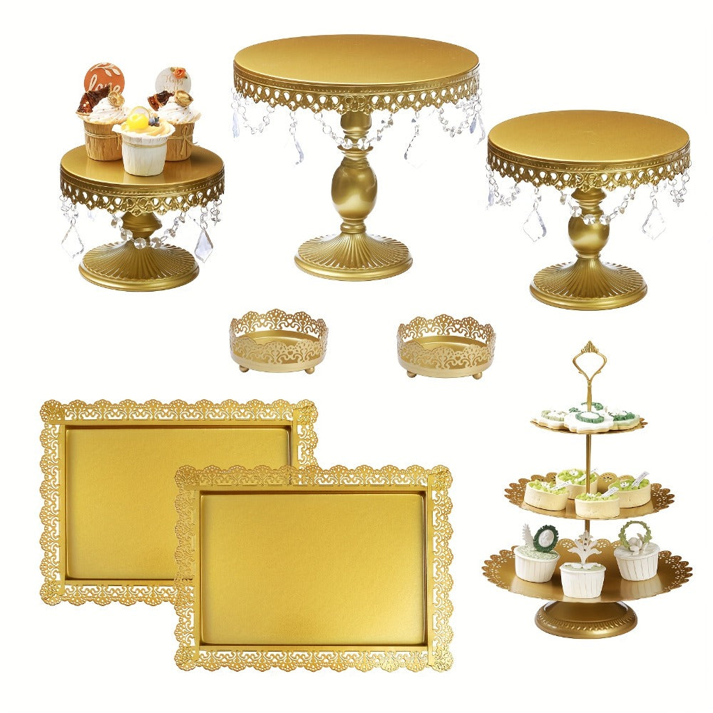 Cake Stand Set of 8 with Crystal Pendants 3-Tier Cupcake Tower Metal Dessert Display for Wedding Birthday Baby Shower Party Decor