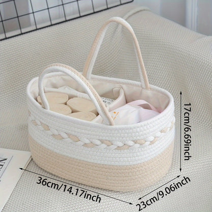 Boho Rope Storage Basket Woven Foldable Organizer 14" Large Capacity - Removable Lining Striped Shelf Basket with Handle for Home Bedroom Living Room Laundry Decor