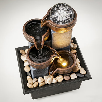 Tabletop Water Fountain Indoor – 4-Level Desktop Waterfall with LED Lights & Natural River Stones, USB Powered Meditation Fountain for Home Office Relaxation, Zen Desk Decor with Bubble Balls