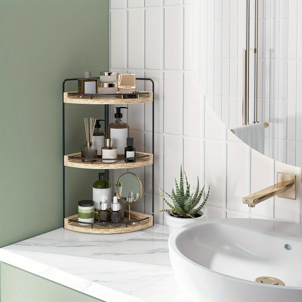 3-Layer Rustic Corner Countertop Storage Rack – 16.93" Wooden Vanity Organizer & Space-Saving Shelf for Bathroom, Kitchen & Bedroom – Farmhouse Corner Shelf for Countertop Display & Organization