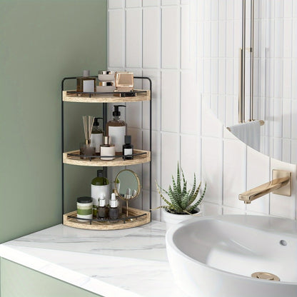 3-Layer Rustic Corner Countertop Storage Rack – 16.93" Wooden Vanity Organizer & Space-Saving Shelf for Bathroom, Kitchen & Bedroom – Farmhouse Corner Shelf for Countertop Display & Organization