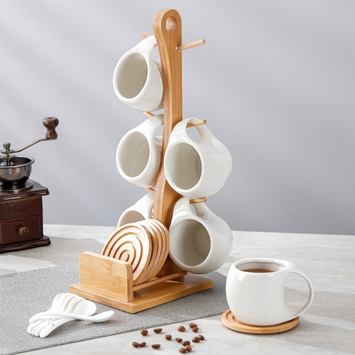 Ceramic Coffee Cup Set of 6 with Wooden Coasters & Cup Holder | 200ml Latte Cappuccino Espresso Tea Mugs | Home Office Café Gift Set