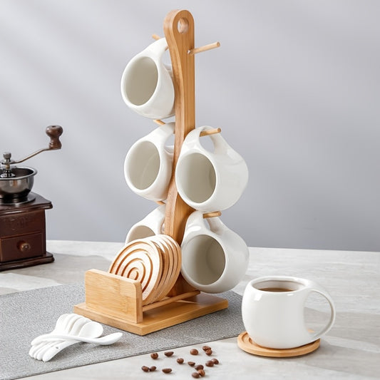 Ceramic Coffee Cup Set of 6 with Wooden Coasters & Cup Holder | 200ml Latte Cappuccino Espresso Tea Mugs | Home Office Café Gift Set