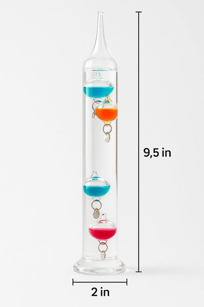 Galileo Thermometer Glass Multicolor Floating Spheres 9.5 Inch Decorative Temperature Display 16°C-28°C for Home Office Desk Science Decor Gift