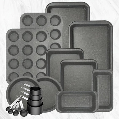 Nonstick Baking Pan Set 2 to 18pcs Carbon Steel Round Square Cake Pan Muffin Pan Bread Pan Cookie Sheet Pizza Pan Wire Rack Whisk Spatula Measuring Spoon Complete Bakeware Set