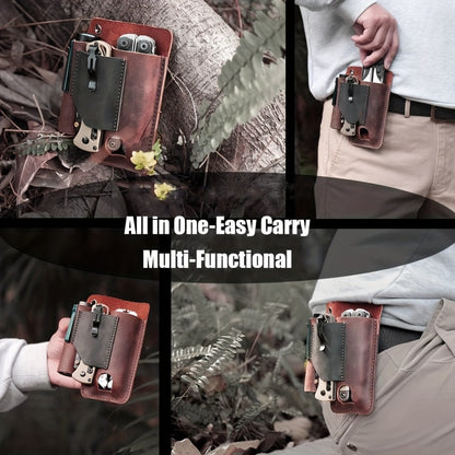 Multitool Belt Holster with Belt Clip & Loop, EDC Everyday Carry Organizer Sheath for Multi-Tools, Flashlight & Pen Holder, 4x5.5x1 Inch, Fits Leatherman Gerber & Most Multitools, Black & Brown