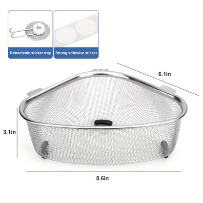 Stainless Steel Sink Strainer Basket 304 Grade Triangular Space-Saving Design – Dual-Use Stand & Hang, Mesh Filter for Food Waste & Clog Prevention, Kitchen & RV Drain Basket 8.6×6.1×3.1 Inch