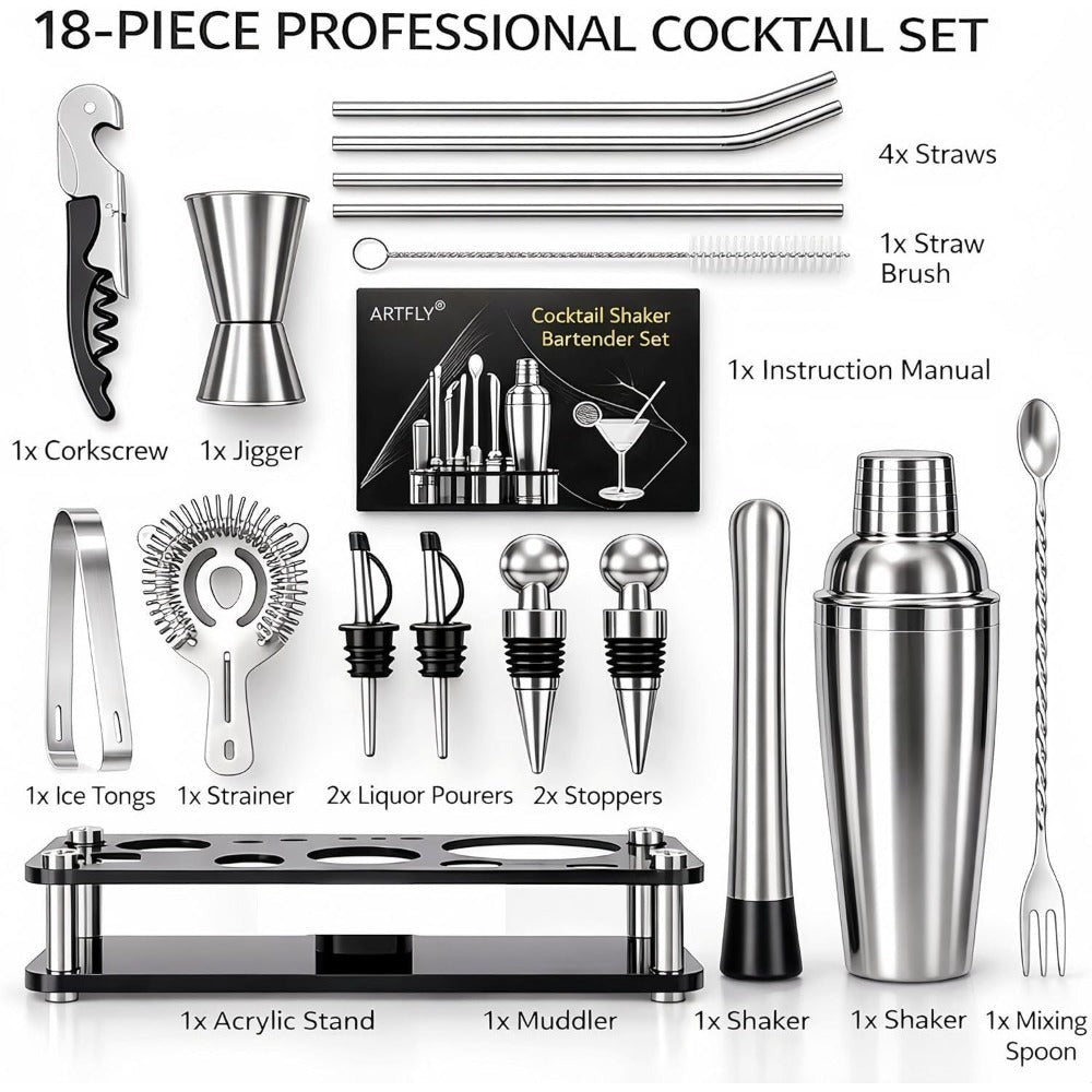 Bartender Kit 18-Piece with Acrylic Stand, 18/8 Stainless Steel Bar Set, Martini Shaker, Jigger, Muddler & Recipe Book – Complete Home Bar Tool Set