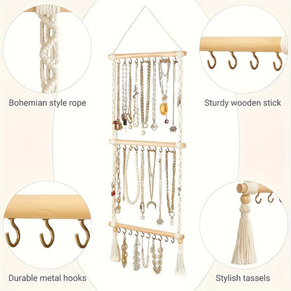 Boho Jewelry Organizer Wall Mount Hanging Rack Hand Woven Tassel Necklace Earring Bracelet Holder 30 Hooks Bedroom Decor Display Stand