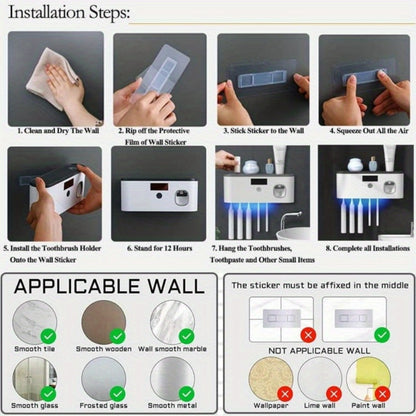 Toothbrush Holder Wall Mount with Toothpaste Dispenser Solar Rechargeable Cordless Space Saving Bathroom Organizer Toothbrush Storage for Bathroom Counter Vanity