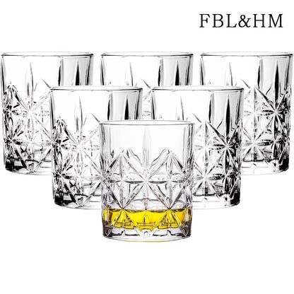 Whiskey Glasses Set of 6 - FBL&HM Lead-Free Crystal Old Fashioned Cocktail Glasses, 10oz Oval Stripe Bar Tumbler for Bourbon, Scotch, Brandy, Vodka & Mixed Drinks, Dishwasher Safe