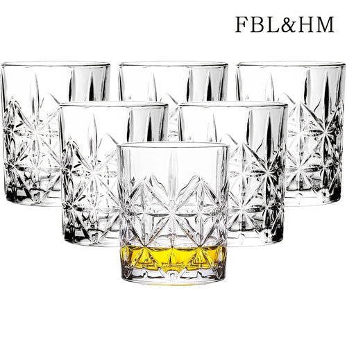 Whiskey Glasses Set of 6 - FBL&HM Lead-Free Crystal Old Fashioned Cocktail Glasses, 10oz Oval Stripe Bar Tumbler for Bourbon, Scotch, Brandy, Vodka & Mixed Drinks, Dishwasher Safe