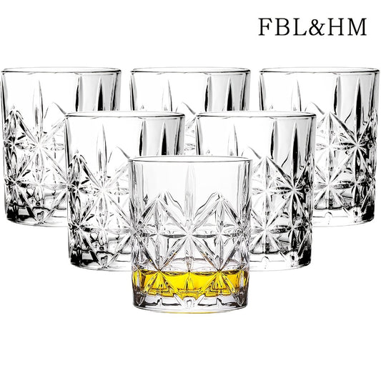 Whiskey Glasses Set of 6 - FBL&HM Lead-Free Crystal Old Fashioned Cocktail Glasses, 10oz Oval Stripe Bar Tumbler for Bourbon, Scotch, Brandy, Vodka & Mixed Drinks, Dishwasher Safe