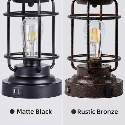 Farmhouse Table Lamps Set of 2 with 4 LED Bulbs | Touch Control 3-Way Dimmable Nightstand Lamp Dual USB Ports Natural Linen Shade Metal Black 22 Inch Bedroom Living Room