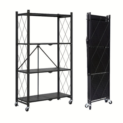Storage Rack 3-5 Tier Foldable Shelving Unit with Wheels - Portable Multi-Layer Floor Standing Utility Shelf Organizer for Bedroom Closet Kitchen Office Black White