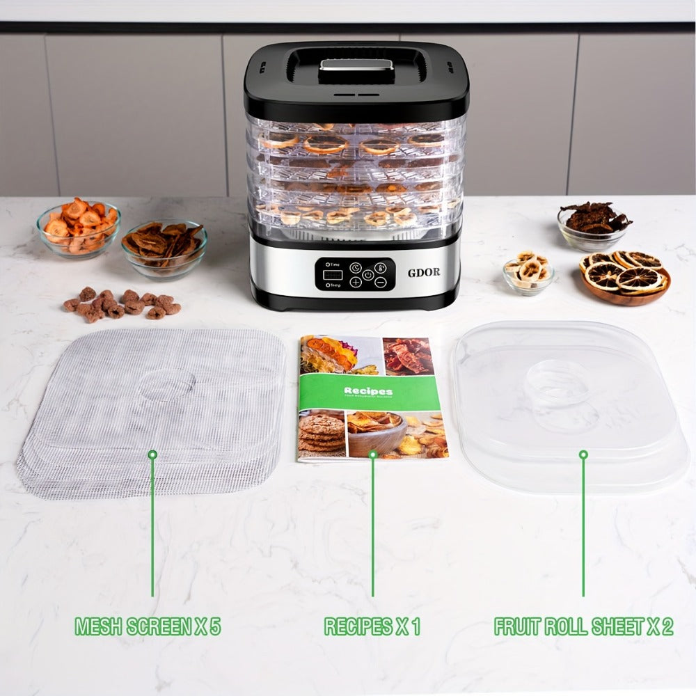 Food Dehydrator Machine 5-Tray with 72H Timer & LED Display – Adjustable Temperature Control, BPA-Free, Includes Mesh Screen, Fruit Roll Sheet & Recipes, for Jerky, Fruit, Veggie, Herb & Dog Treats