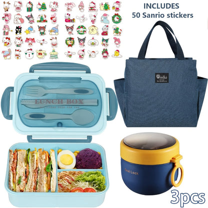 Sanrio Lunch Box Set 53pcs Bento Box with Thermal Bag Breakfast Cup Portable Sealed Compartment Microwave Dishwasher Safe for Work Picnic School