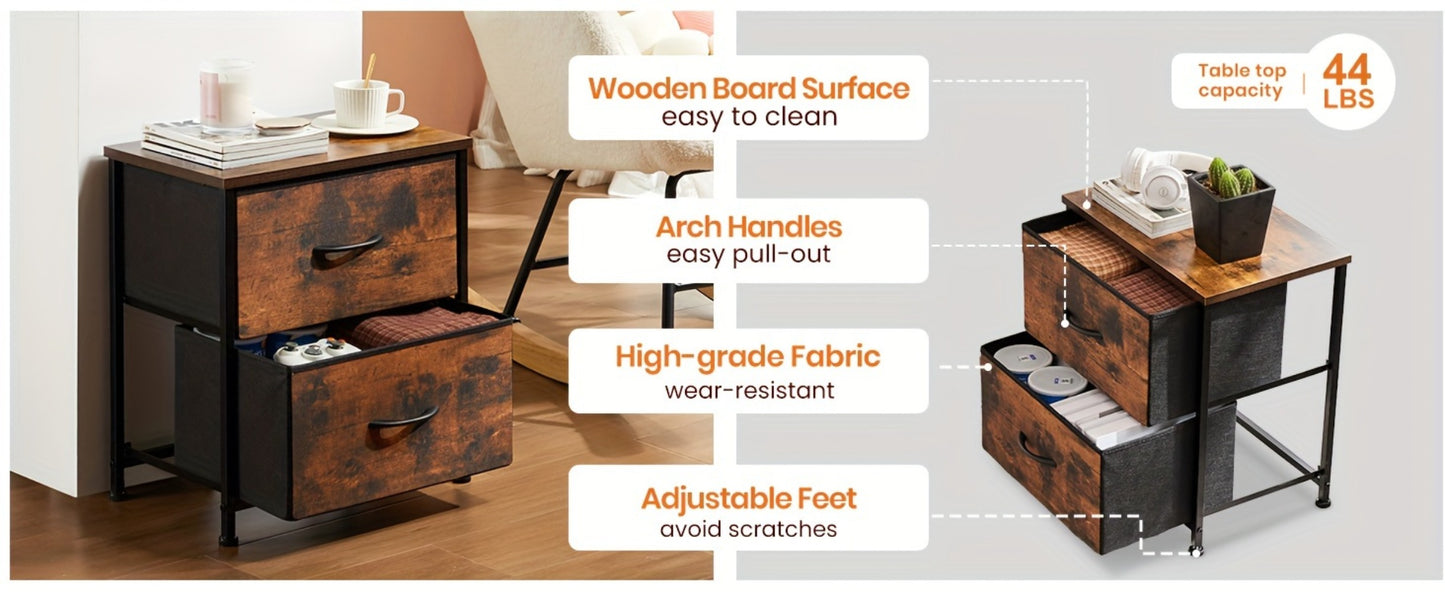 Nightstand with 2 Storage Drawers, 20" Bedside Table with Wooden Top & Fabric Cabinet, Steel Frame Mini Dresser for Bedroom, Dorm, Living Room – 1pc or Set of 2pcs, Black White Grey Rustic Brown