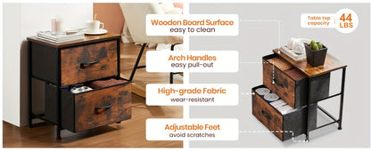 Nightstand with 2 Storage Drawers, 20" Bedside Table with Wooden Top & Fabric Cabinet, Steel Frame Mini Dresser for Bedroom, Dorm, Living Room – 1pc or Set of 2pcs, Black White Grey Rustic Brown