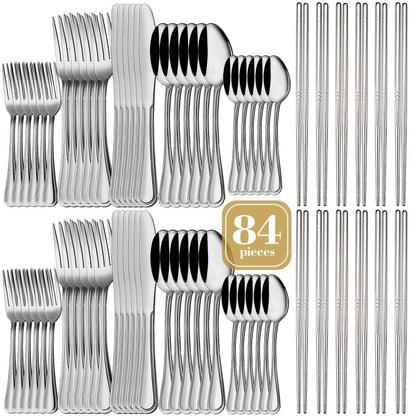84-Piece Golden Cutlery Set Service for 12 | Knife Fork Spoon Set for Family Gatherings Camping BBQ Kitchen Utensils