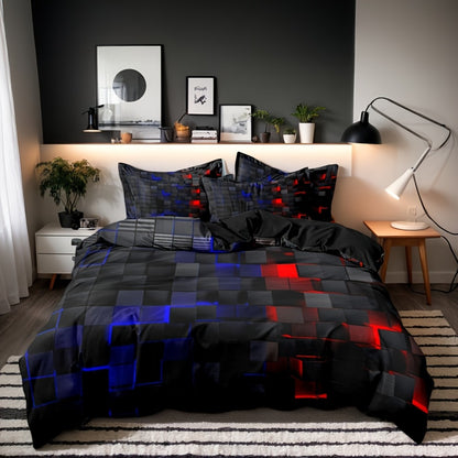 Duvet Cover Set Queen King Twin Full 3D Geometric Cube Print | 3-Piece Polyester Bedding Set | Black Blue Grid Pattern | All-Season Soft Quilt Cover + 2 Pillowcases | Machine Washable
