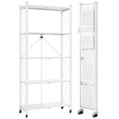 Storage Rack 3-5 Tier Foldable Shelving Unit with Wheels - Portable Multi-Layer Floor Standing Utility Shelf Organizer for Bedroom Closet Kitchen Office Black White