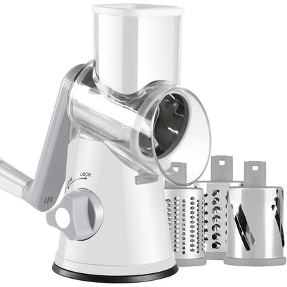 Rotary Cheese Grater – Stainless Steel Hand Crank Shredder with 3 Interchangeable Blades, Non-Slip Suction Base & Cleaning Brush, BPA-Free Vegetable Grater for Cheese, Nuts & Vegetables
